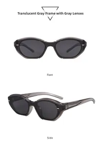 Detailed front and side views of transparent gray cat-eye sunglasses with gray lenses