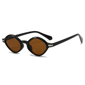 Modern oval sunglasses with black diamond frame and dark brown lenses for men and women