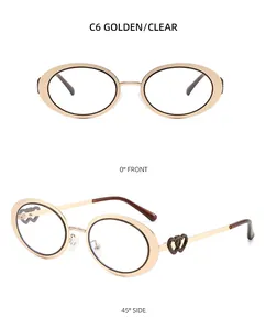 Detailed front and side views of golden oval metal sunglasses with hollow heart accents