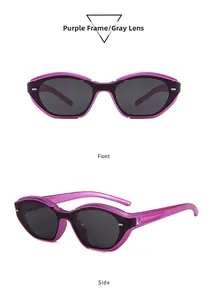 Front and side views of purple cat eye sunglasses with grey lenses and curved frames