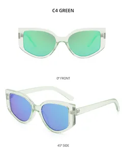 Vues de face et de côté de lunettes œil-de-chat avec monture verte et verres colorés
