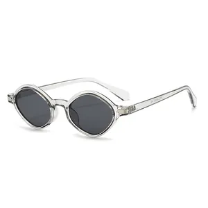 Oval transparent grey sunglasses with dark lenses in a 3/4 view for a trendy look