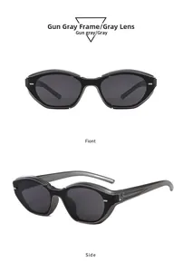 Detailed front and side views of trendy gun gray cat-eye sunglasses with dark gray lenses