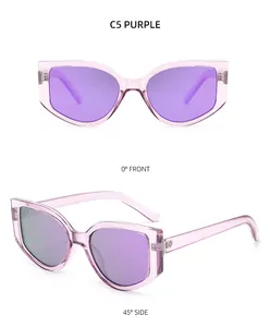 Vues détaillées de face et de profil de lunettes de soleil œil-de-chat violettes transparentes