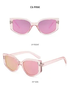 Vues détaillées de face et de profil de lunettes de soleil œil de chat rose translucide
