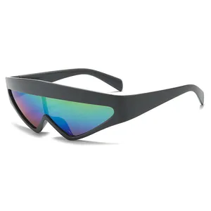 Futuristic matte black oversized sunglasses with wrap-around rainbow mirrored lenses