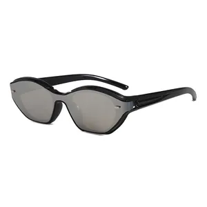 Fashionable black wrap-around cat-eye sunglasses with lightweight frame and dark lenses