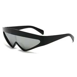 Futuristic triangle oversized sunglasses with silver mirrored lenses and black frame