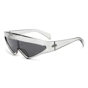 Futuristic V-shaped wrap around sunglasses with transparent frames and dark lenses
