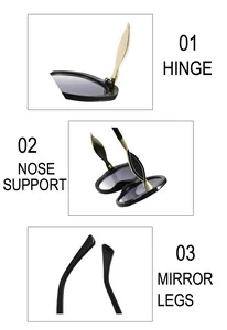 Details von Gold-Scharnieren, Nasenpads und Bügeln an der ovalen Metall-Sonnenbrille