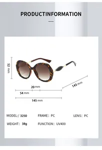 Detaillierte Maßtabelle für ovale Schildpatt Sonnenbrille mit UV400 PC-Gläsern Angaben