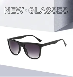 Detail of classic black rectangle sunglasses with purple gradient lenses on a white block