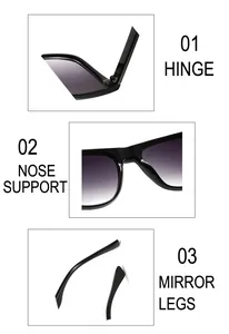 Detail view of durable hinges, comfortable nose pads and sleek legs on black sunglasses