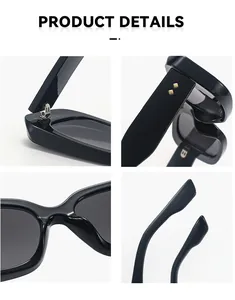 Close-up of square sunglasses showing metal hinges and gold diamond rivet details