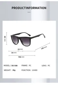 Technical dimensions and specs for square UV400 sunglasses with black PC frames