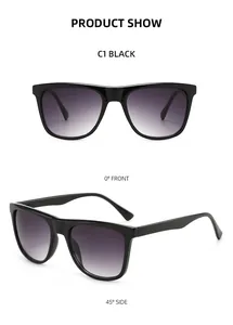 Front and 45-degree side views of black frame sunglasses with purple gradient lenses