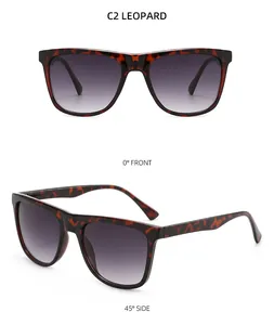 Detailed views of leopard print sunglasses with gradient lenses at 0 and 45 degree angles