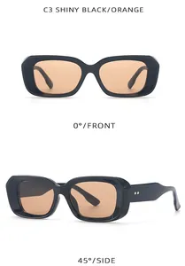 Front and side views of rectangular shiny black sunglasses with orange lenses