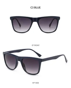 Detailed front and side views of classic dark blue sunglasses with gradient grey lenses