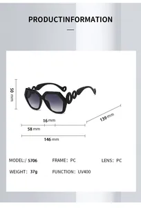 Detailed technical diagram showing product dimensions and UV400 features for trendy sunglasses