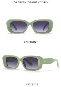 Front and side views of green rectangular sunglasses with gradient grey lenses
