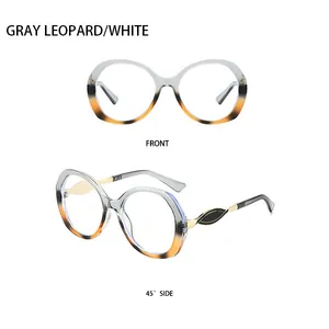 Vorder- und Seitenansicht der ovalen Sonnenbrille mit grauem Leopardenmuster-Farbverlauf
