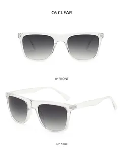 Front and side views of clear frame square sunglasses with grey gradient lenses