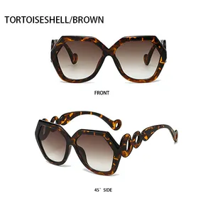 Front and side view of tortoiseshell geometric oversized sunglasses with brown lenses