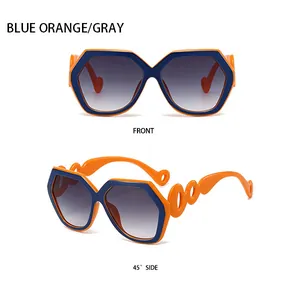 Front and side view of geometric orange sunglasses with blue accents and gray gradient lenses