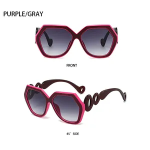 Front and side view of hexagonal oversized sunglasses with two-tone purple frames