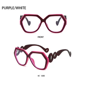 Detail view of purple geometric hexagonal sunglasses with stylish cut-out temple design