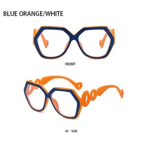 Front and 45-degree side views of bold geometric orange and blue sunglasses frames