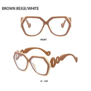 Detail view of hexagonal sunglasses with brown beige frame and triple ring hollowed temple