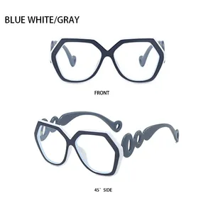 Front and side view of hexagonal geometric sunglasses with blue white frames