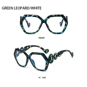 Front and 45-degree side view of oversized green leopard hexagonal sunglasses