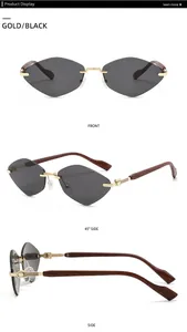 Vues multiples de lunettes de soleil sans monture avec branches en métal doré et bois