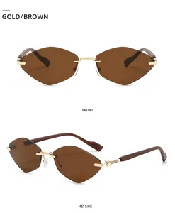 Lunettes de soleil sans monture en losange avec verres bruns et branches en bois