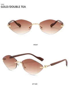 Détail de lunettes de soleil sans monture à coupe diamant avec branches à grain de bois