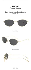Trois vues de lunettes de soleil œil de chat ovales en métal doré avec verres gris foncé