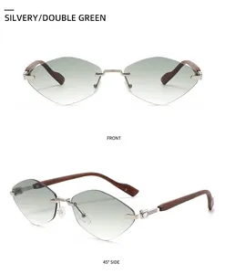 Détail de lunettes de soleil sans bord à verres verts et branches en bois marron