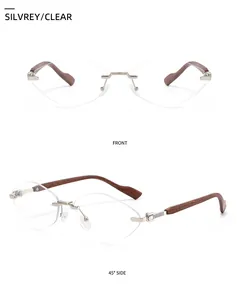 Détail des verres sans monture à coupe diamant et des branches en bois sur ces lunettes