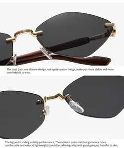 Détail de lunettes de soleil sans monture avec branches effet bois et plaquettes en silicone