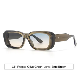 Olive green rectangle sunglasses with blue brown gradient lenses and rivet accents