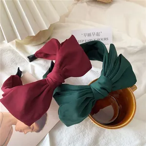 Elegant satin bow headband in wine red and dark green, French vintage wide pleated style