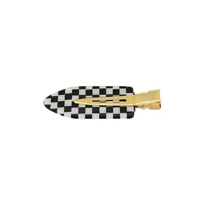 Barrette à cheveux à damier noir et blanc avec clip en métal doré pour femmes et filles