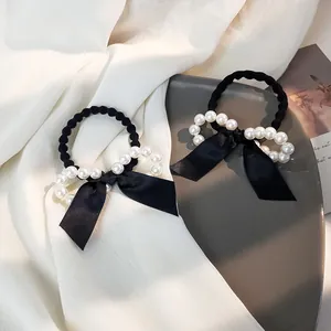 Élastique à Cheveux Style Coréen Élégant Nœud en Satin Noir Avec Décoration de Künstliche Perles de Culture pour Femme