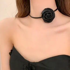 French vintage black satin rose choker necklace with long elegant lace-up ribbon ties