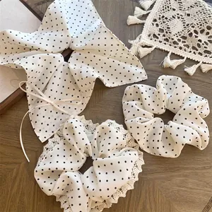 Vintage Polka Dot Hair Scrunchies For Women Elegant Chiffon Fabric Bow Ribbon Ponytail Holder Sweet Pleated Hair Ties Fashion Headwear Accessories