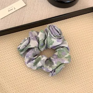 Elegant floral jacquard hair scrunchie with 3D rose design for women in spring and summer
