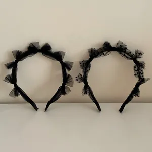 Elegant black lace gauze headband with polka dot mesh bow for women fashion hair accessories